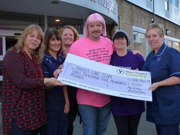 YEOVIL NEWS: Wig-wearing Pete hands over £3,500 to the breast cancer care team at Yeovil Hospital