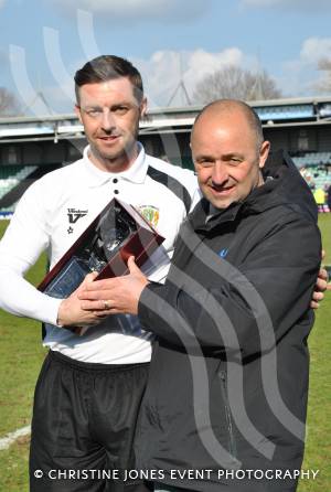 Yeovil Town FC 2012-13 awards - April 20, 2013: Away Travel Club's Mark Kelly presents Yeovil Town skipper Jamie McAllister with the ATC's runner-up player-of-the-season award. Photo 6