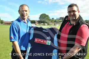 Ilminster Town FC chairman Darren Manley, left, with first team shirt sponsor Laurie McKinnon, of the town's Spar Shop