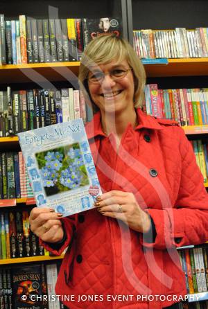 Angie Cox at the Clare Balding book signing in Yeovil on October 8, 2012, with a copy of her own book Forget-Me-Not
