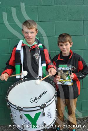 Beating the drum ahead of Yeovil Town's match with Bury are Matt Howell and Daniel Howell