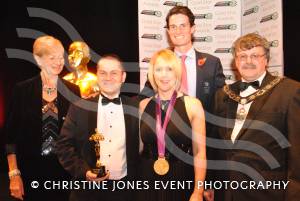 Barry and Karen Phelan, of Orchard Gymnastics, receive the Sports Club of the Year award from Cllrs Sylvia Seal and Mike Best and Olympic Gold Medal winner Peter Wilson at the Gold Star Awards at the Octagon on October 30, 2012