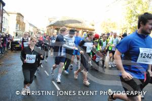 Kim Hill (no 1276) takes a tumble at the start of the Ilminster 10k on November 4, 2012, but she still goes on to be the first lady finisher.