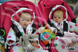 Nine-month-old twins Lucy and Bella Redding wait for godmother Rachel Brown to finish the Ilminster Lions 10k on November 4, 2012