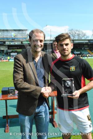 Yeovil Town FC player awards - May 2014: Joe Edwards receives Western Gazette player of the year award from Chris Sweet. Photo 4