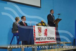 Preston School principal Tony Bloxham welcomes the audience to the Leavers Presentation Evening on November 15, 2012. Also pictured are vice principal Clare Marsh and guest speaker Rob Berry. Photo 10