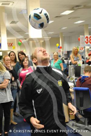 Yeovil Town coach Darren Way shows off his heading skills at Screwfix on Children in Need night on Friday, November 16, 2012. Photo 2