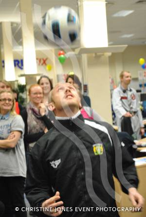 Yeovil Town coach Darren Way shows off his heading skills at Screwfix on Children in Need night on Friday, November 16, 2012. Photo 3