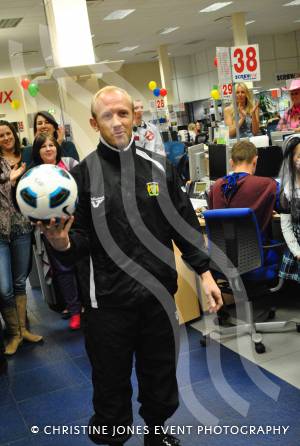 Yeovil Town coach Darren Way looks rather pleased with his demo of football skills at Screwfix on Children in Need night on Friday, November 16, 2012. Photo 5