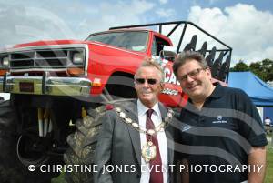 Wessex Truck Show Day 1 - August 2014: The first day of the show on August 9, 2014, was blessed with good weather. Mayor of Yeovil, Cllr Mike Lock, and show compere Steve Carpenter with the monster Lucas Oils Cruiser. Photo 2