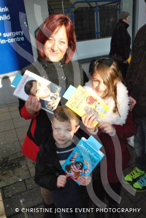 Charlotte Gage along with Ella and Jude outside Waterstone's in Yeovil on December 1, 2012, wait to meet David Walliams. Photo 15