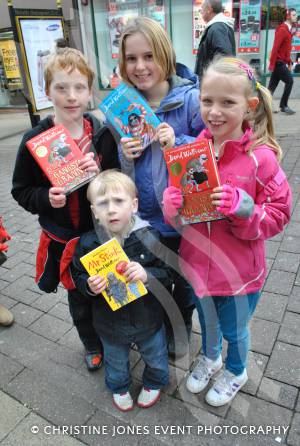George Sutton, Erin Cavan, Cali Young and Casey Young outside Waterstone's in Yeovil on December 1, 2012, wait to meet David Walliams. Photo 17