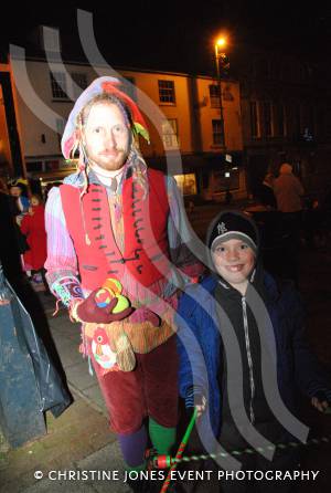 Josh Westwood with a street entertainer at Chard Christmas Lights switch-on on November 30, 2012. Photo 2