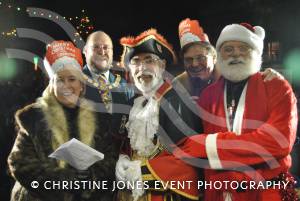 Fiona Honan, Cllr Robin Pailthorpe, town crier David Craner, Steve Carpenter and Father Christmas at Crewkerne Christmas Lights switch-on on November 30, 2012. Photo 10
