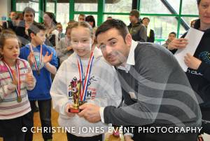 Aquathlon at Yeovil Part 3 – March 1, 2015: Presentation of the TriStars age group awards at the Yeovil Aquathlon organised by the Wessex Wizards Triathlon Club and presented by Rhys Mabey of LED Leisure. Phoebe Mills. Photo 18