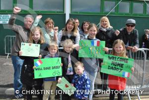 Pedal From Paris charity bike ride Part 1 - May 3, 2015: Just over 100 cyclists returned to Yeovil Town FC to complete a241-mile charity bike ride from Paris to Yeovil. Photo 1