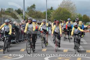 Pedal from Paris charity bike ride Part 2 – May 3, 2015: Just over 100 cyclists returned to Yeovil Town FC to complete a 241-mile charity bike ride from Paris to Yeovil. Photo 1