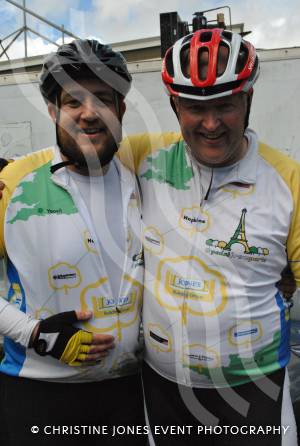 Pedal from Paris charity bike ride Part 4 – May 3, 2015: Just over 100 cyclists returned to Yeovil Town FC to complete a 241-mile charity bike ride from Paris to Yeovil. Photo 2
