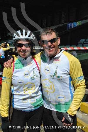 Pedal from Paris charity bike ride Part 4 – May 3, 2015: Just over 100 cyclists returned to Yeovil Town FC to complete a 241-mile charity bike ride from Paris to Yeovil. Photo 10