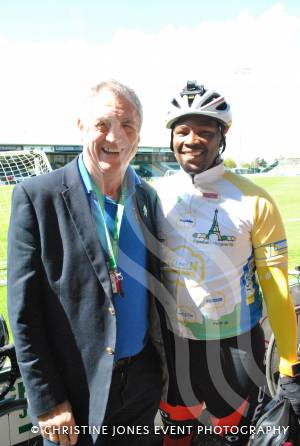 Pedal from Paris charity bike ride Part 4 – May 3, 2015: Just over 100 cyclists returned to Yeovil Town FC to complete a 241-mile charity bike ride from Paris to Yeovil. Photo 14