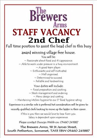 JOBS: Brewers Arms looks for a second chef